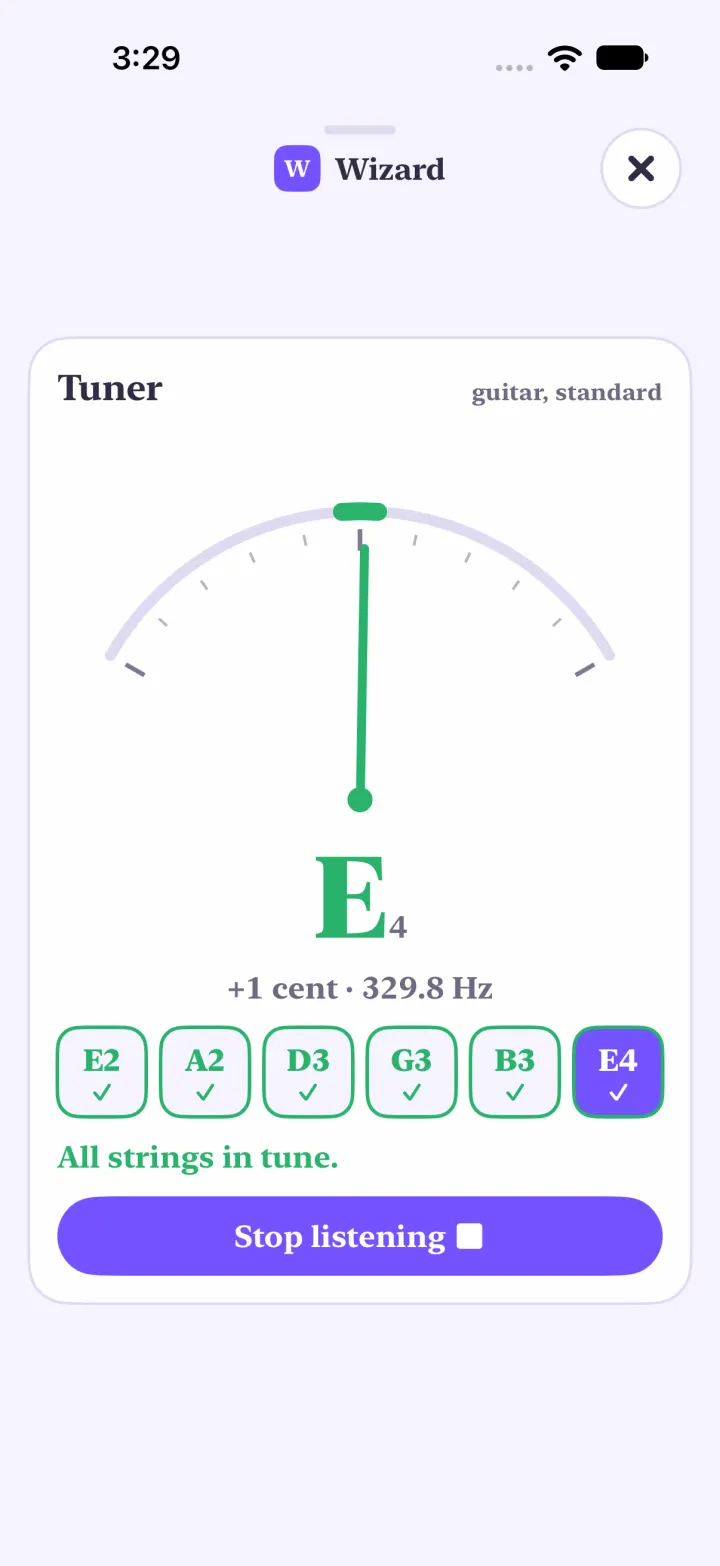 A guitar tuner in the app: every string ticked green, the needle straight up on E4, All strings in tune