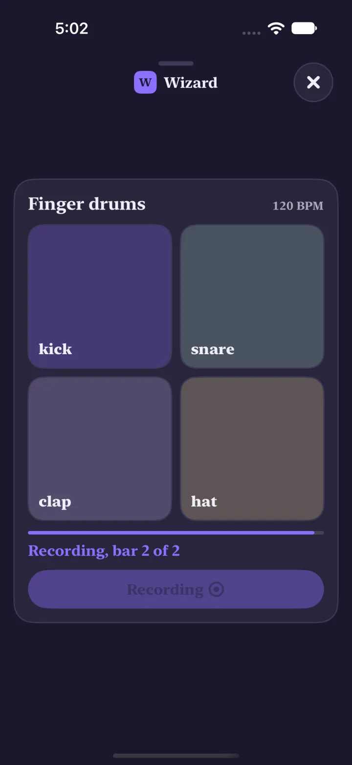 Finger drums in dark mode: four big pads, recording bar 2 of 2