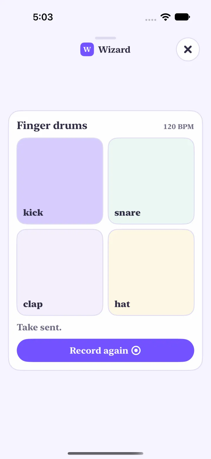 Finger drums after a take: Take sent, and Record again