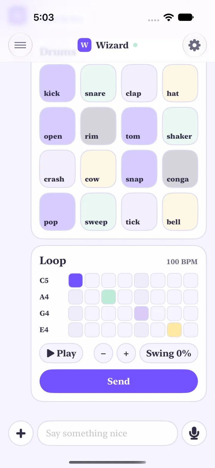 Drums and a loop sitting in the chat, under the agent's message