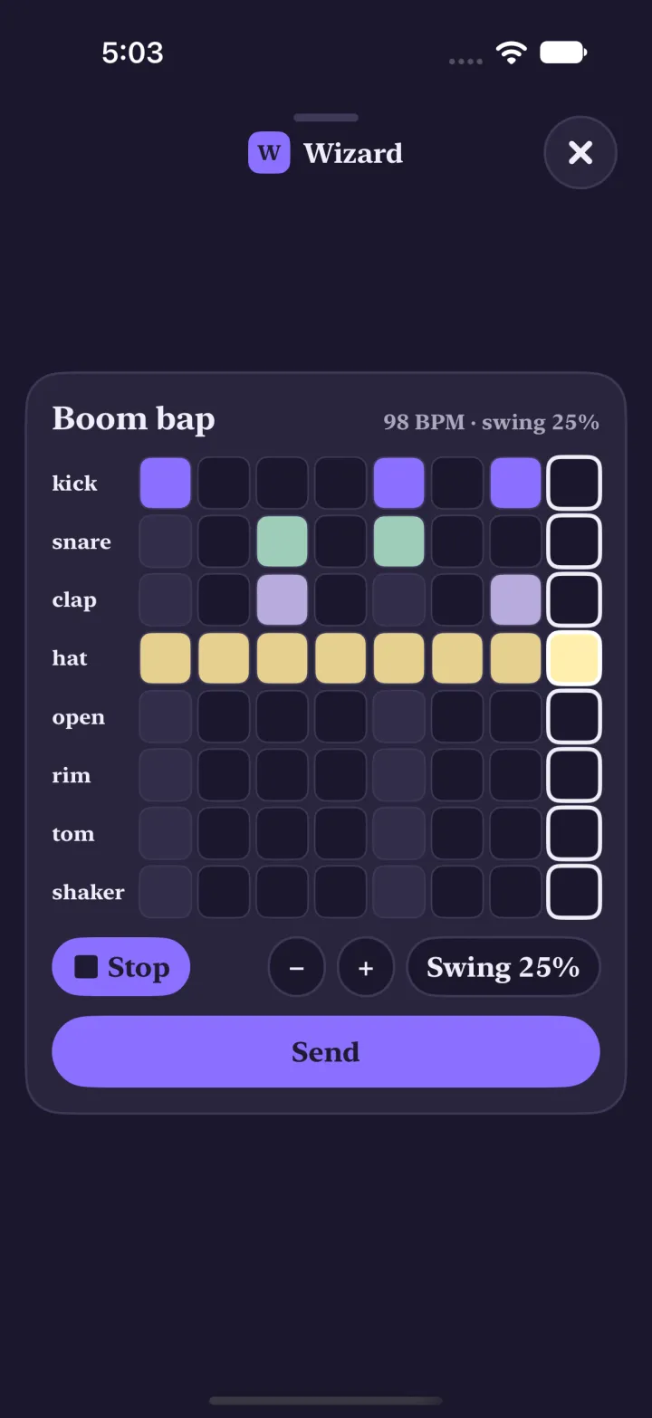Dark mode: the same Boom bap looper playing, eight rows from kick to shaker, the hat row lit on every step.