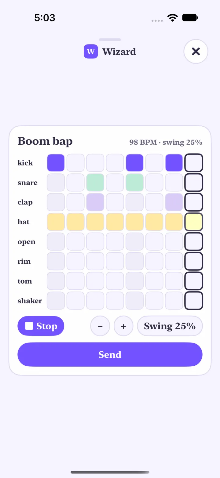 Light mode: the Boom bap looper on the stage, 98 BPM with swing 25 percent, kick, snare, clap and hat rows lit, the playhead on the last step, Stop and Send buttons.