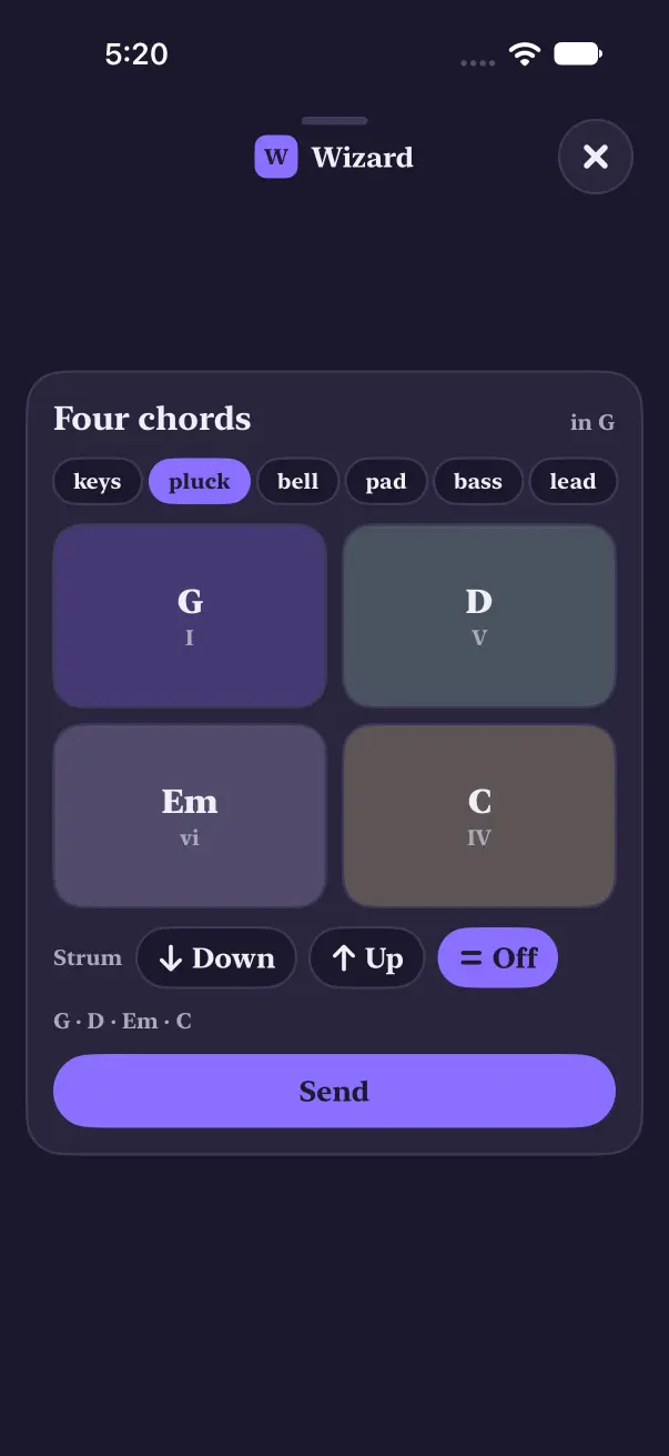 Dark mode: four chord buttons in G labeled G I, D V, Em vi and C IV, strum buttons Down, Up and Off, and the chords played so far.