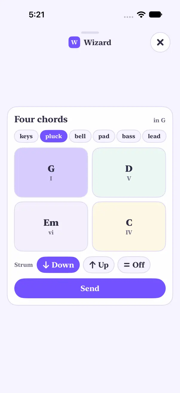 Light mode: the four chord buttons in pastel colors with the strum set to Down.