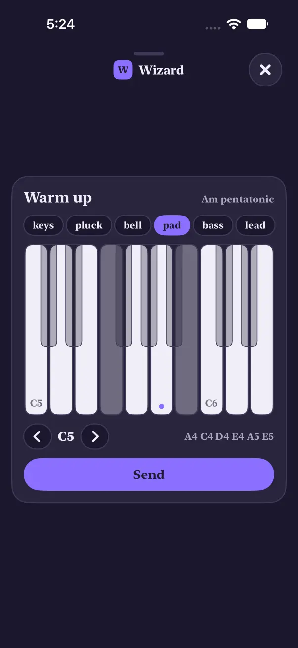 Dark mode: the same keyboard an octave up on C5 with the pad sound picked, light naturals and dark sharps, and a Send button.