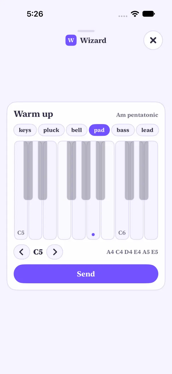 Light mode: a Warm up keyboard in A minor pentatonic, the keys outside the scale grayed out, a sound picker and octave arrows, the notes played listed beside them.