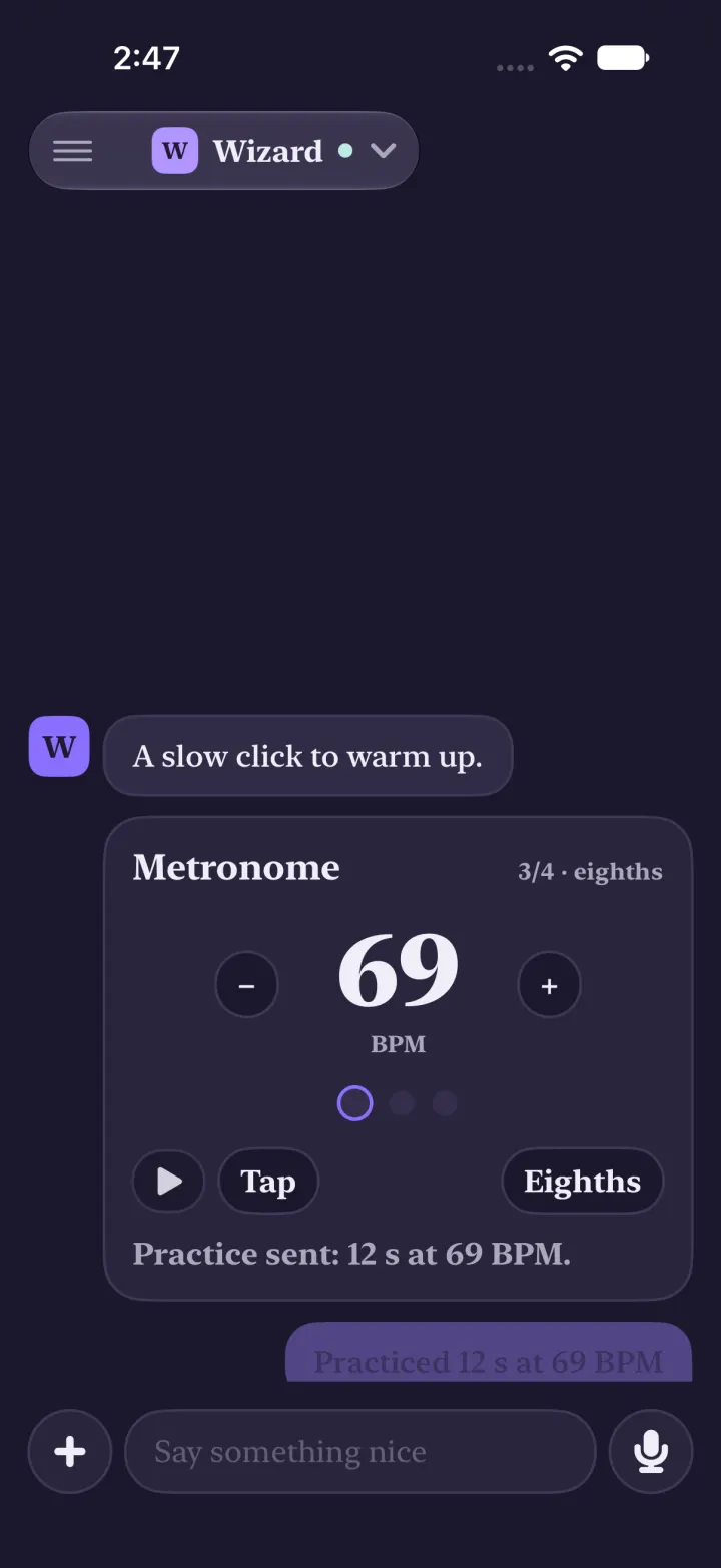 Dark mode: the metronome stopped at 69 BPM with the line Practice sent: 12 s at 69 BPM, and the reply Practiced 12 s at 69 BPM in the chat.