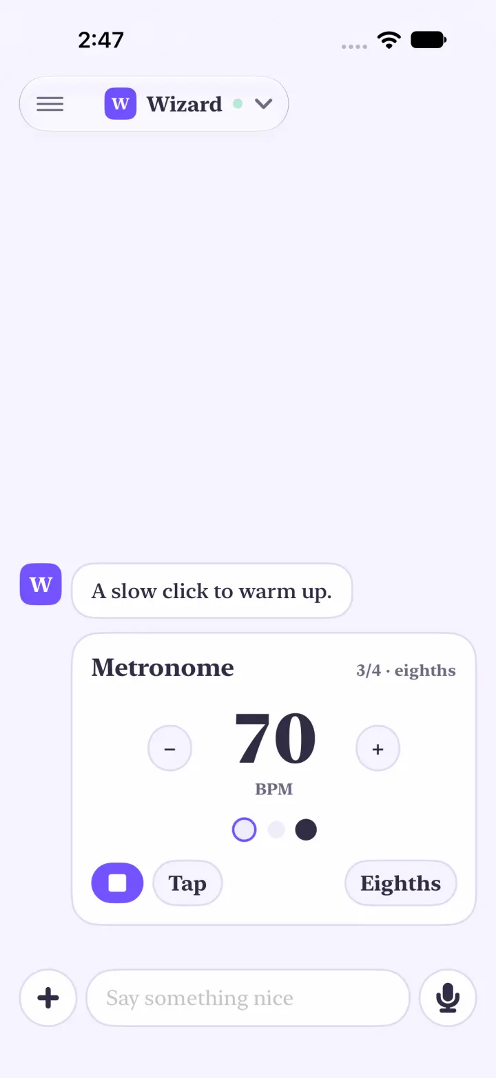 Light mode: a metronome in the chat at 60 BPM in 3/4 with eighths, three beat dots with the third lit, a Stop button, Tap and Eighths.