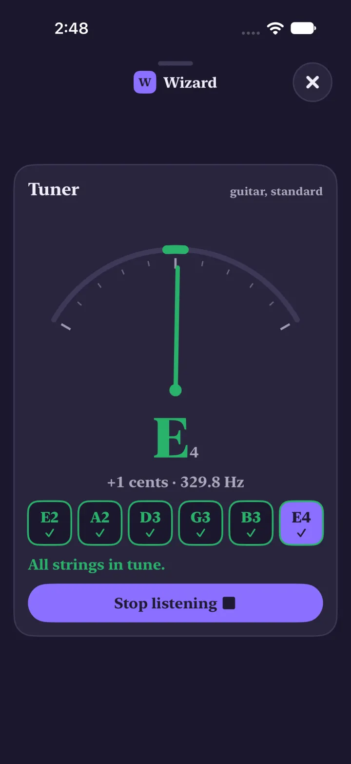 Dark mode: a guitar tuner on the stage, the needle green and upright on E4 at plus 1 cent, 329.8 Hz, all six strings E2 to E4 checked, and the words All strings in tune.