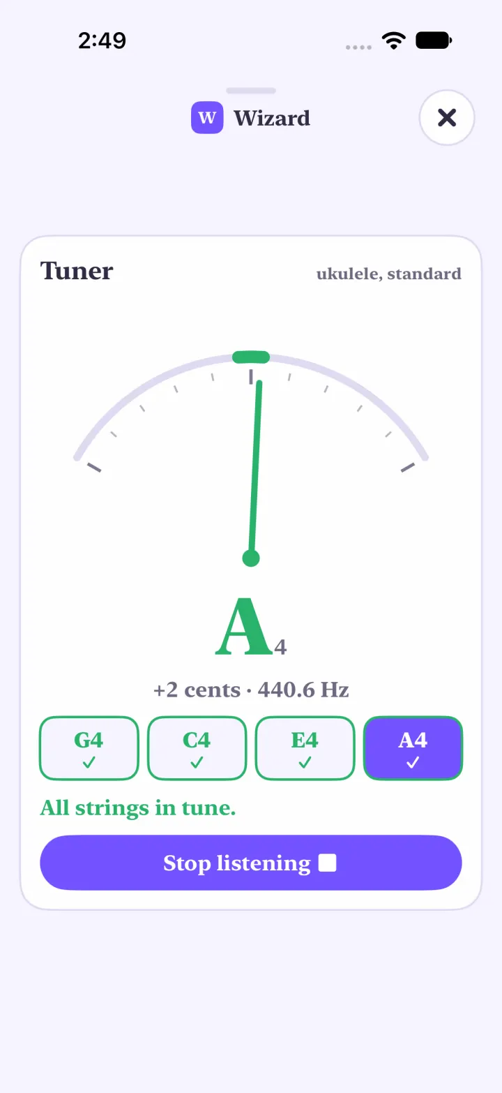 Light mode: a ukulele tuner reading A4 at plus 2 cents, 440.6 Hz, the strings G4 C4 E4 A4 checked in green, and a Stop listening button.