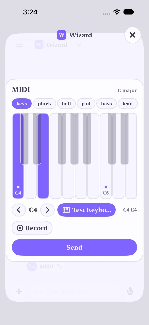 Light mode: a keyboard in C major with C4 and E4 lit purple, held on a MIDI keyboard, and a button reading Test Keyboard.