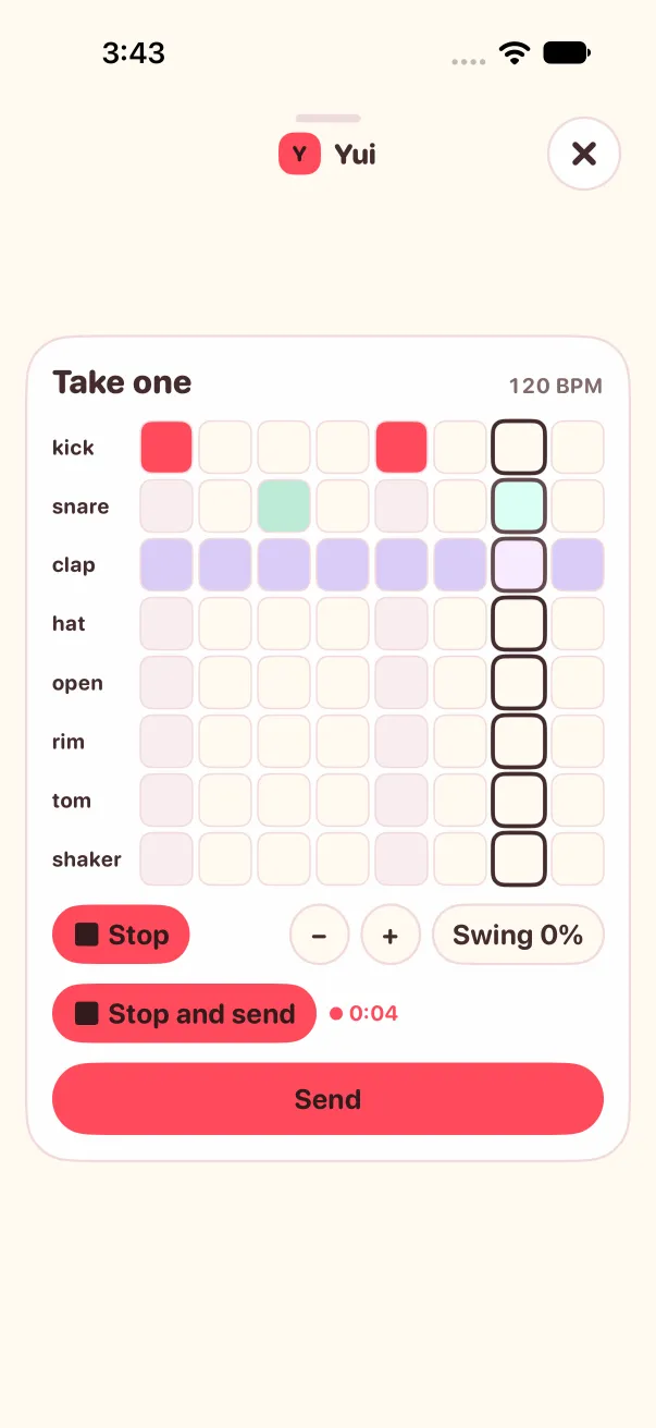 Light mode: a Take one looper at 120 BPM playing, a Stop and send button beside a red dot and 0:04.