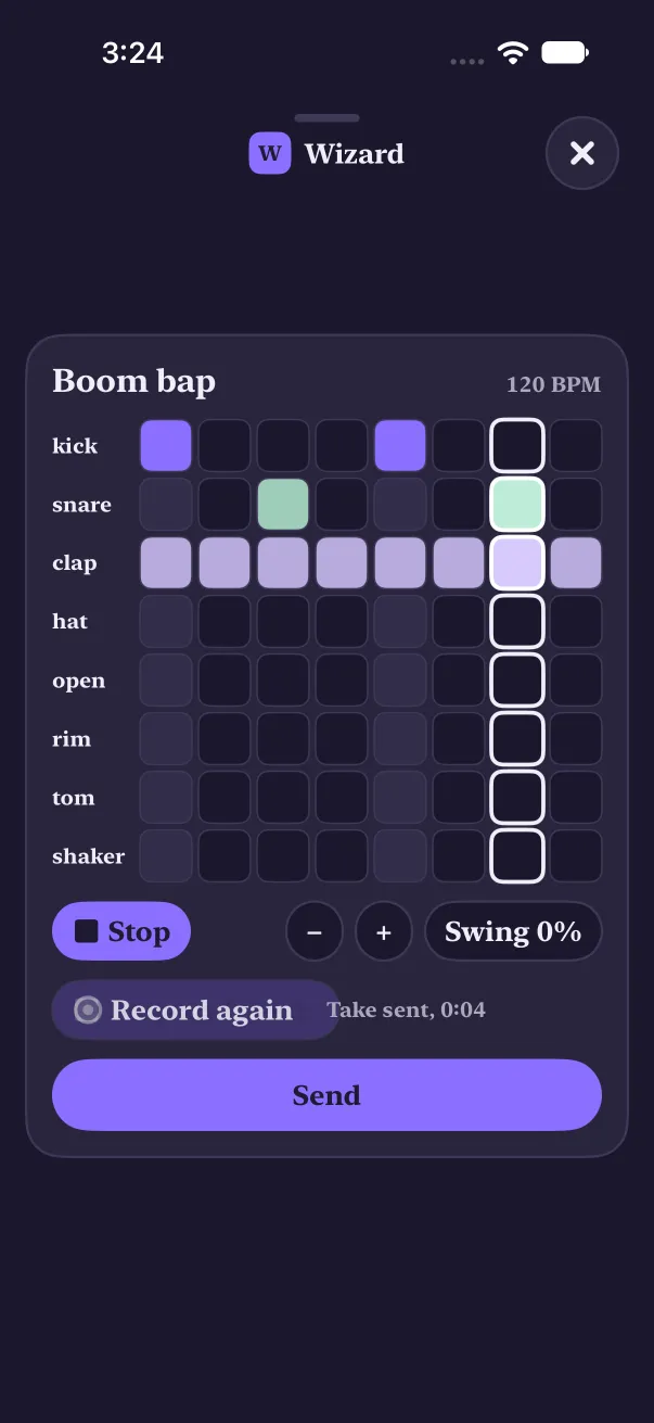 Dark mode: the Boom bap looper with Record again and Take sent, 0:04.