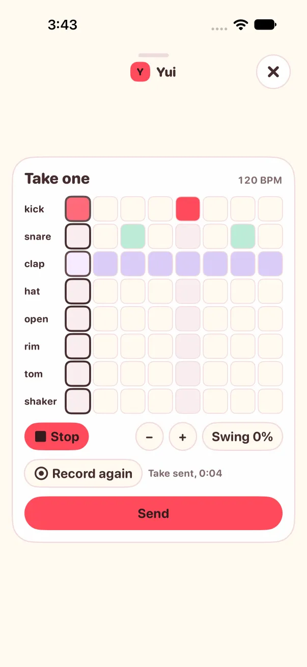 Light mode: the same looper after sending, a Record again button and the words Take sent, 0:04.