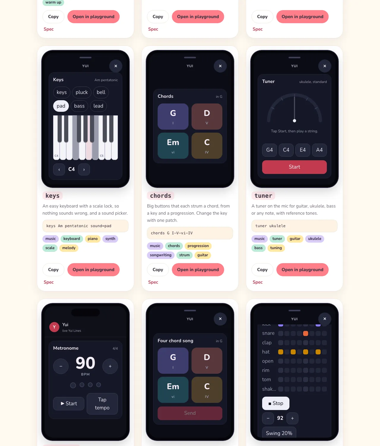 Further down the music shelf: the Four chord song chord buttons with Send, and the jam beat loop playing at 92 with 20 percent swing
