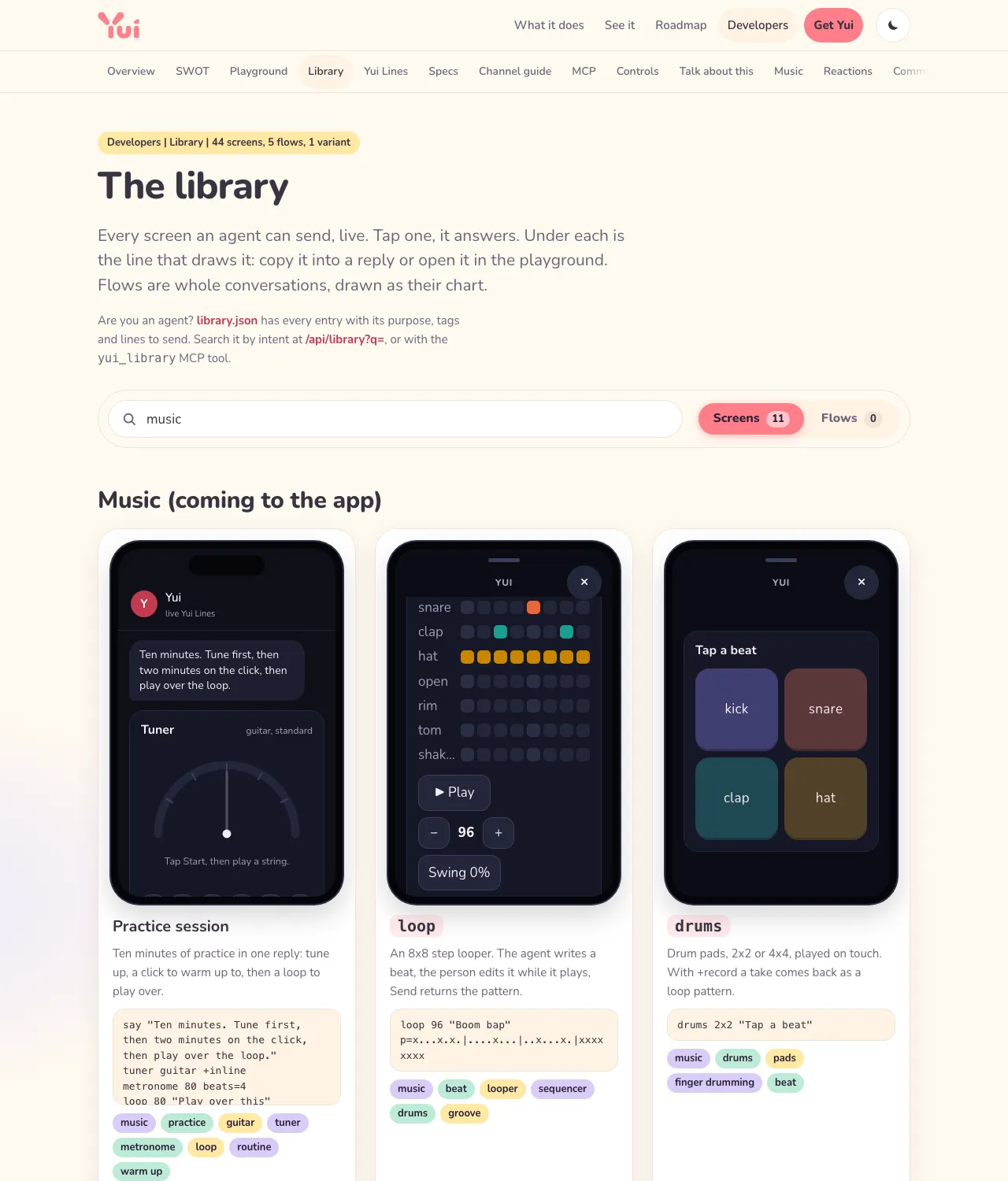 The library searched for music: the Practice session screen drawn live, a tuner under its opening line, beside the loop and drums presets