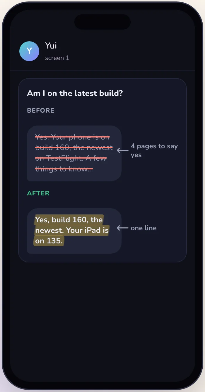 Dark mode: the same before and after sketch, the long reply struck out and the one-line answer highlighted.