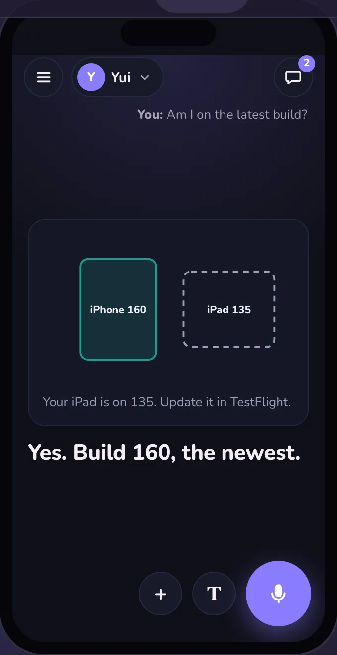 Dark mode: the answer as one screen, a drawing of an iPhone on build 160 and an iPad on 135, and the line Yes. Build 160, the newest.