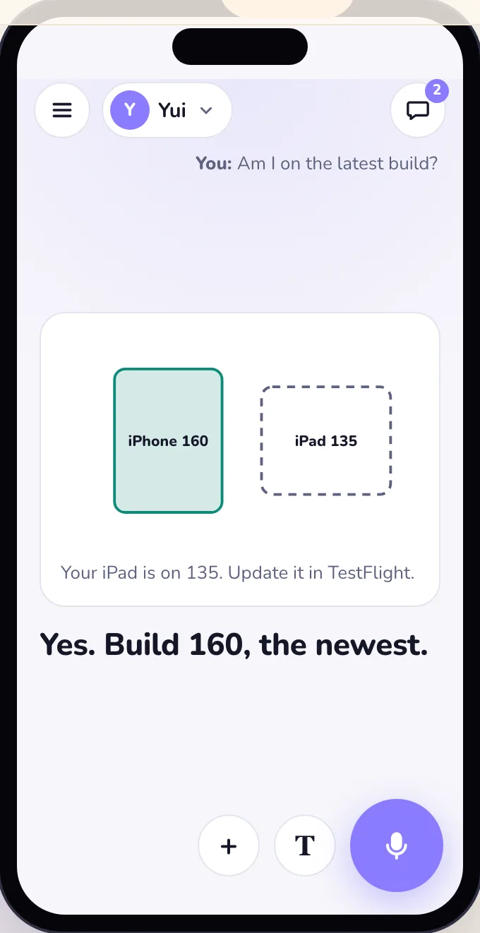 Light mode: the answer as one screen, a drawing of an iPhone on build 160 and an iPad on 135, and the line Yes. Build 160, the newest.