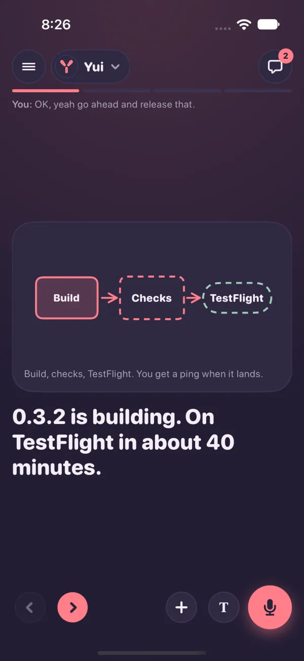 Dark mode, in the app: part one of four, a drawing of Build, Checks and TestFlight, and the line 0.3.2 is building. On TestFlight in about 40 minutes.
