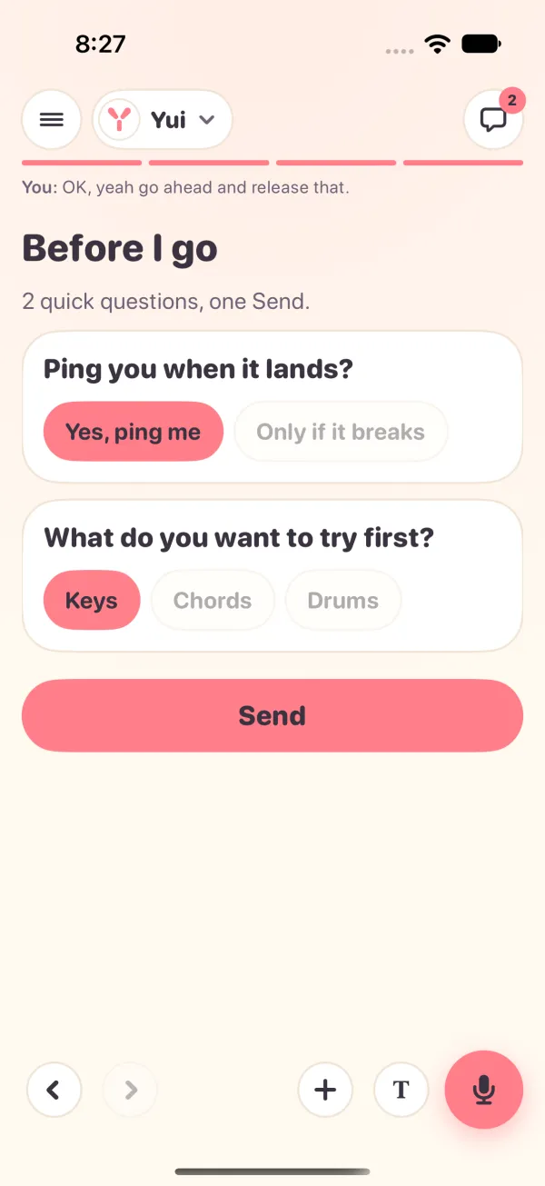 Light mode, in the app: Before I go, two questions on one screen with Yes, ping me and Keys picked, and one Send.