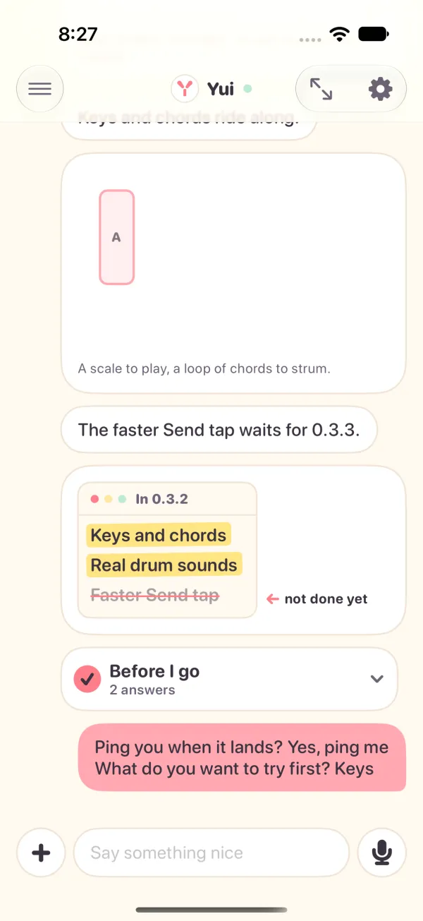 Light mode, in the app: the chat as the record, each part written down, the plan marked sent with its two answers as Chris's message.