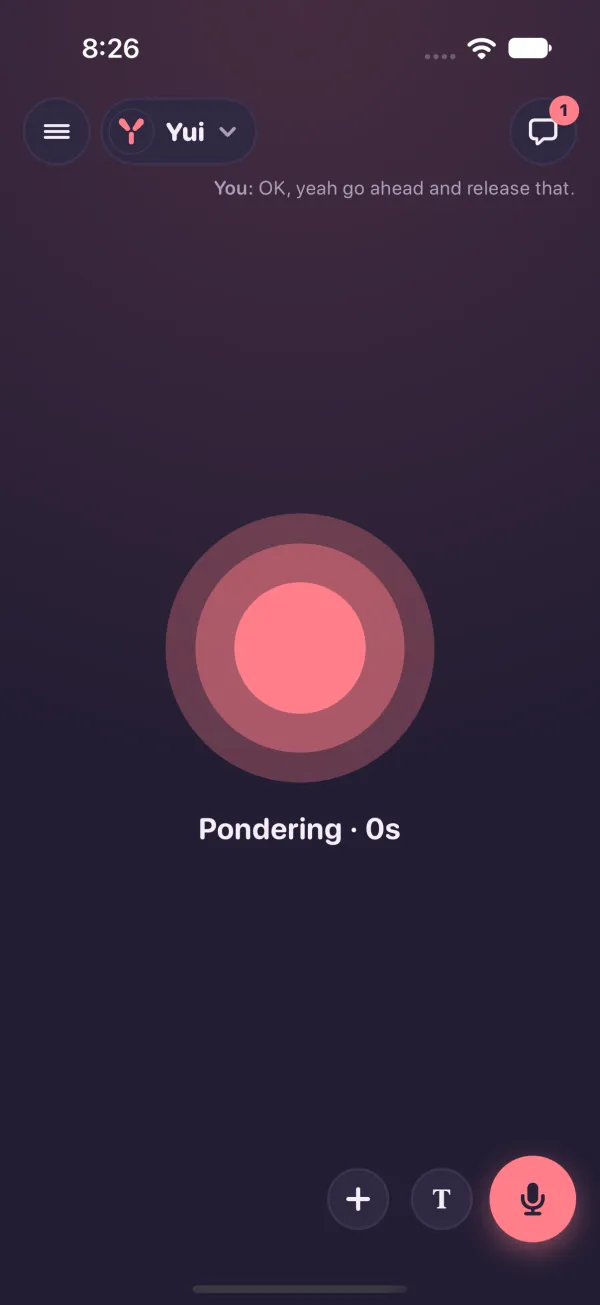Dark mode, in the app: right after sending, the message small at the top and a coral shape breathing over the word Pondering.