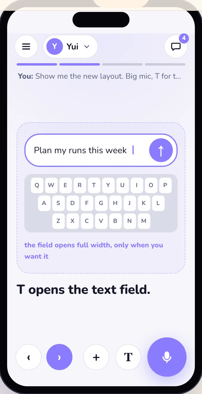 Light mode: T opens the text field, full width over a keyboard.