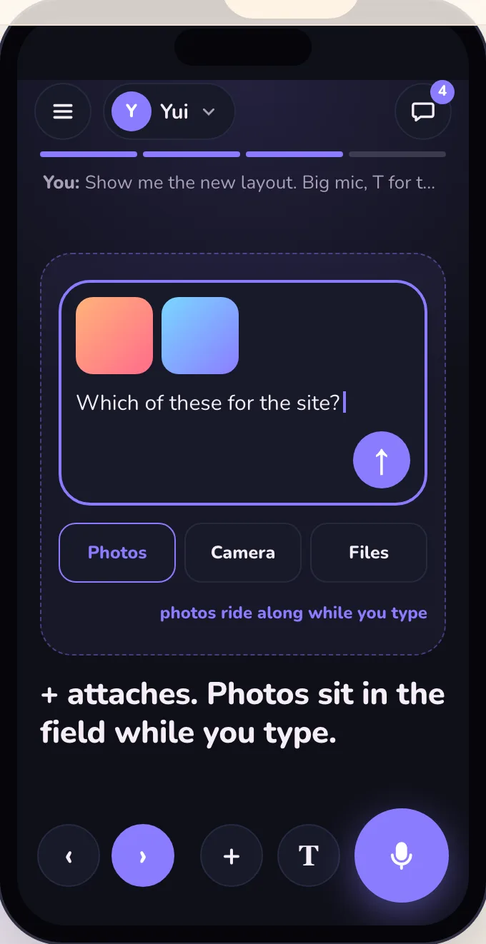 Dark mode: plus attaches, two photos sitting in the text field above the words, with Photos, Camera and Files.