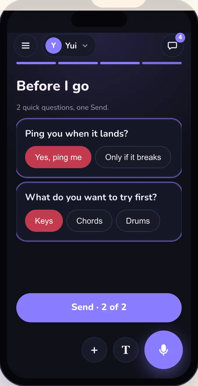 Dark mode: Before I go, two questions on one screen, Yes, ping me and Keys picked, and one Send button.