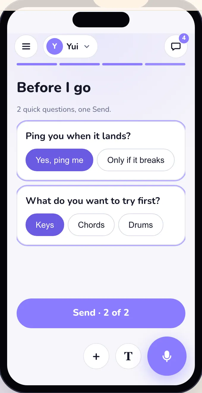 Light mode: Before I go, two questions on one screen with answers picked, and one Send button.