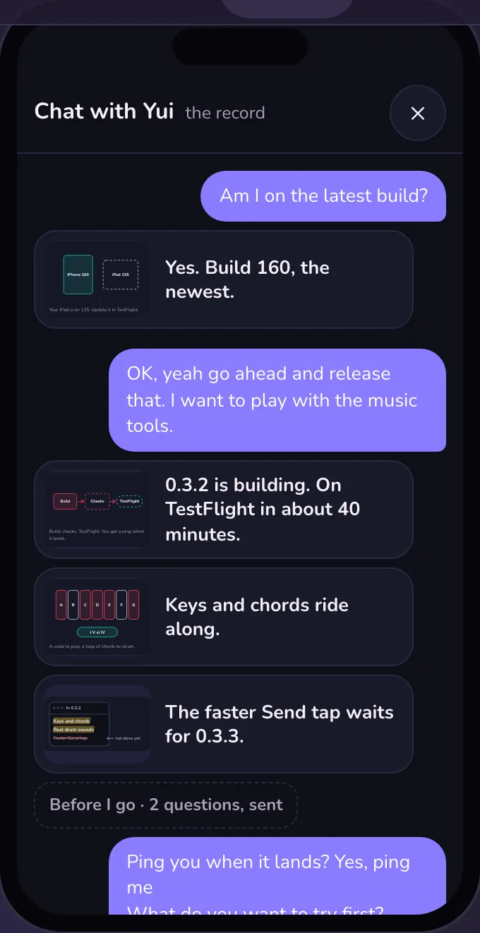 Dark mode: the chat record, each part as a row with its drawing, then the answers under them.