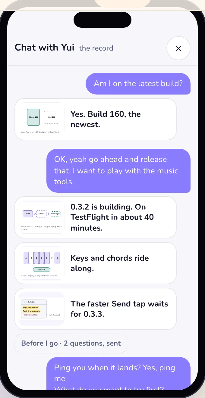 Light mode: the chat record, each part written down with its drawing small beside it, then the answers as Chris's message.