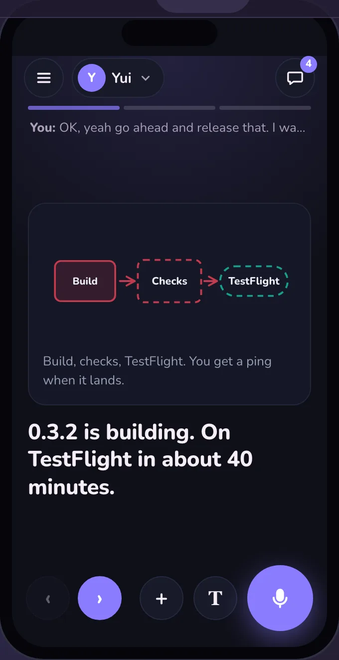 Dark mode: part one of three, a drawing of Build, Checks and TestFlight joined by arrows, and the line 0.3.2 is building. On TestFlight in about 40 minutes.