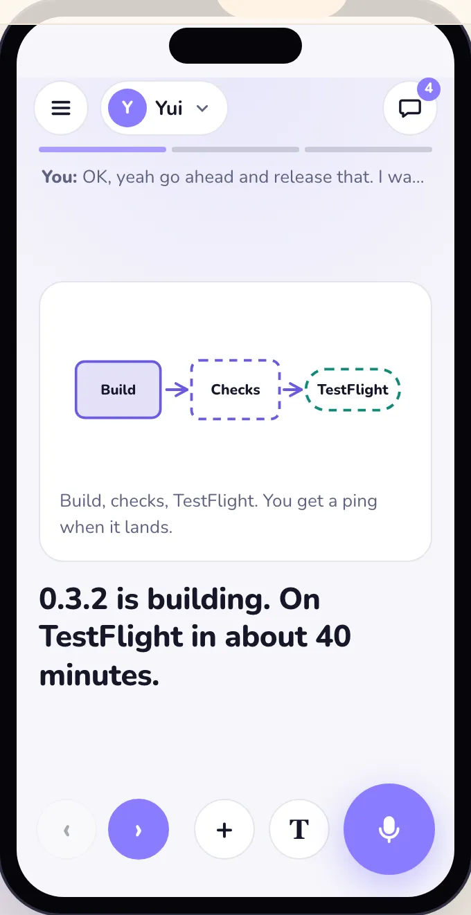 A part of a longer answer: Build, Checks, TestFlight drawn as a row, and 0.3.2 is building under it