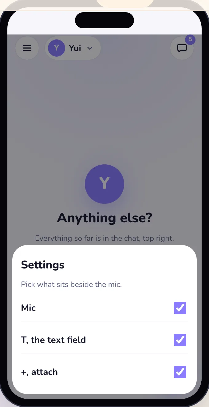Light mode: settings with switches for the mic, T for the text field and plus for attach.
