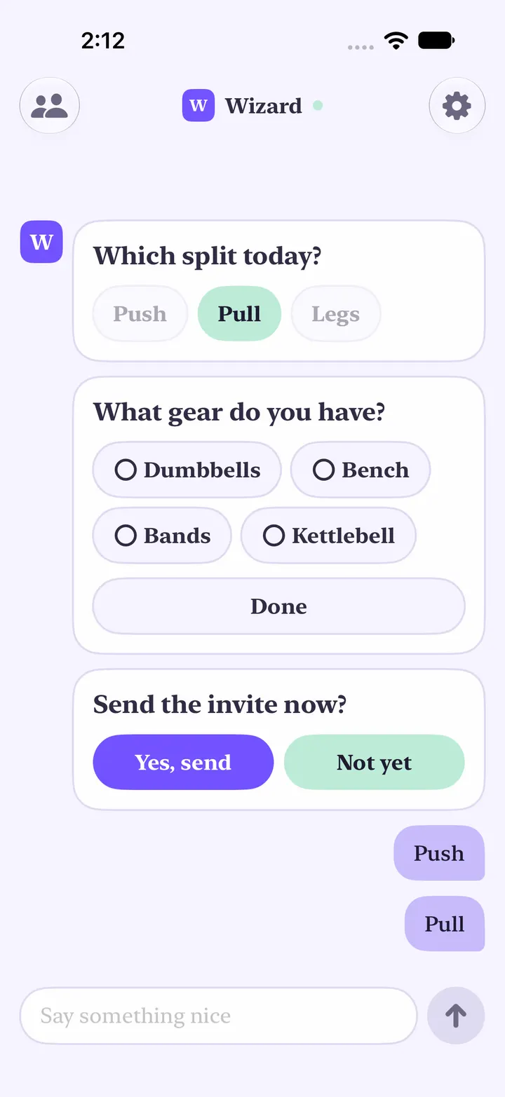 Yui app: the question Which split today? with Pull highlighted after first tapping Push. The chat shows both replies, Push then Pull.