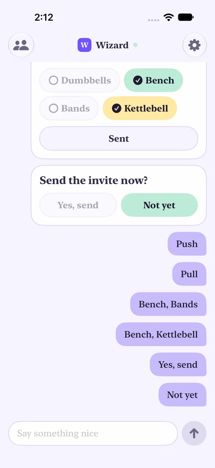 Yui app: all three questions answered and changed. The chat shows each reply in order, and the send button reads Sent.