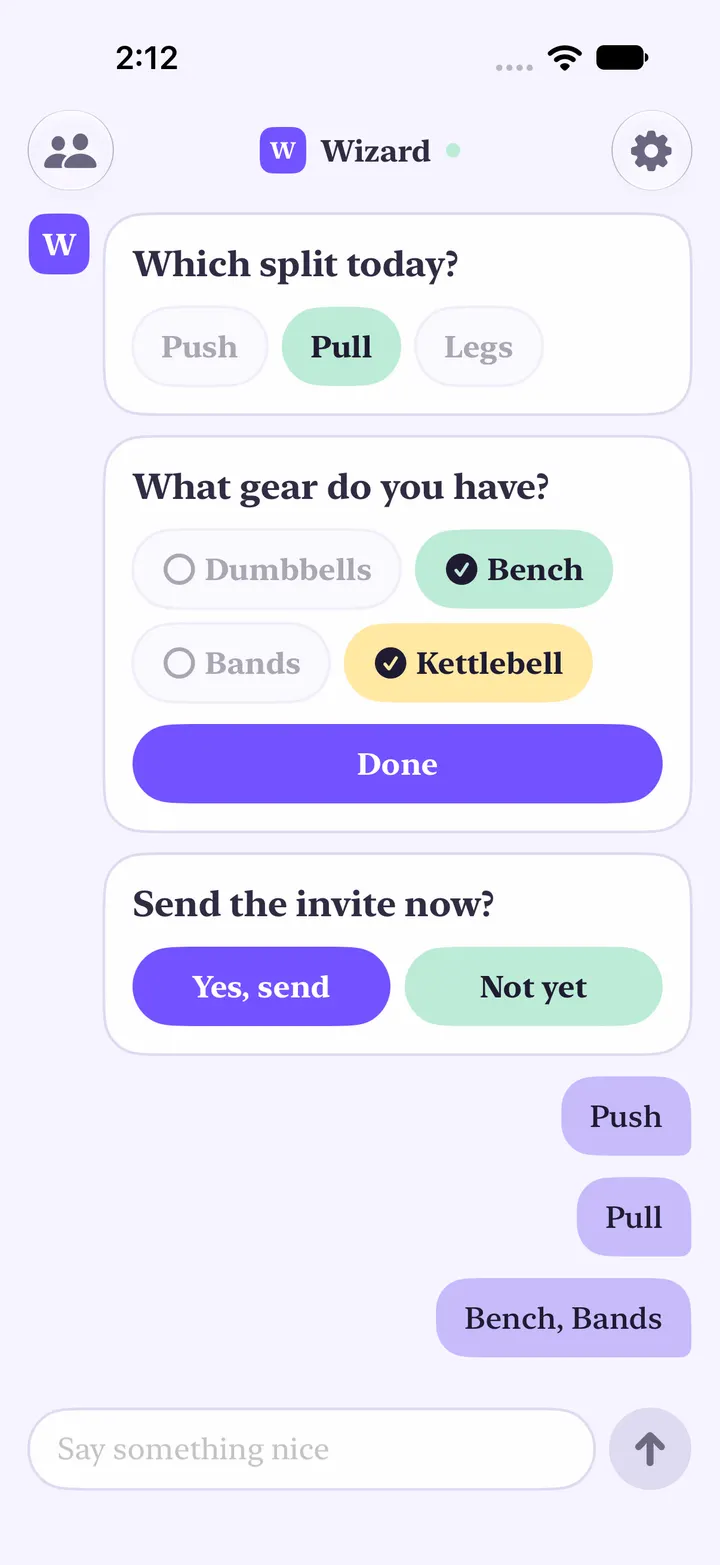 Yui app: a gear checklist where Bench and Kettlebell are now ticked after an earlier answer of Bench and Bands, with the Done button ready to send again.