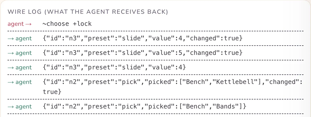 The web playground's wire log: each changed answer arrives with changed true, and the agent's ~choose +lock line at the top.