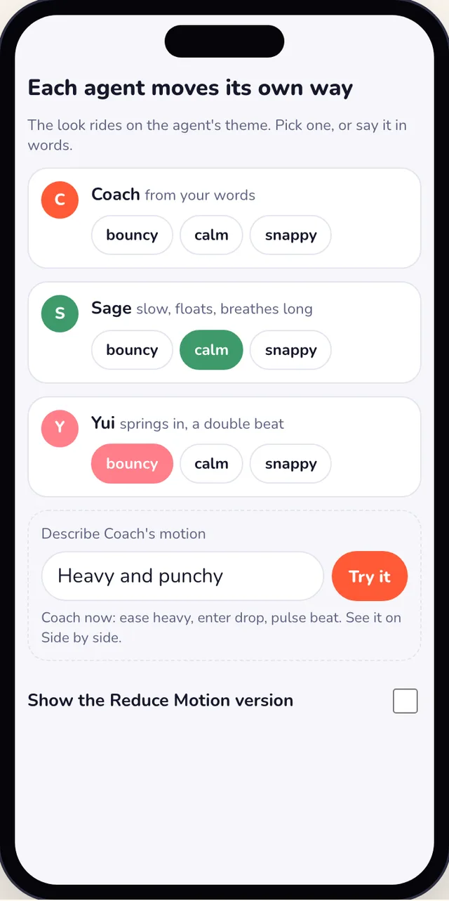Light mode: The look, each agent with calm, bouncy and snappy buttons, and a box to describe Coach's motion in words.