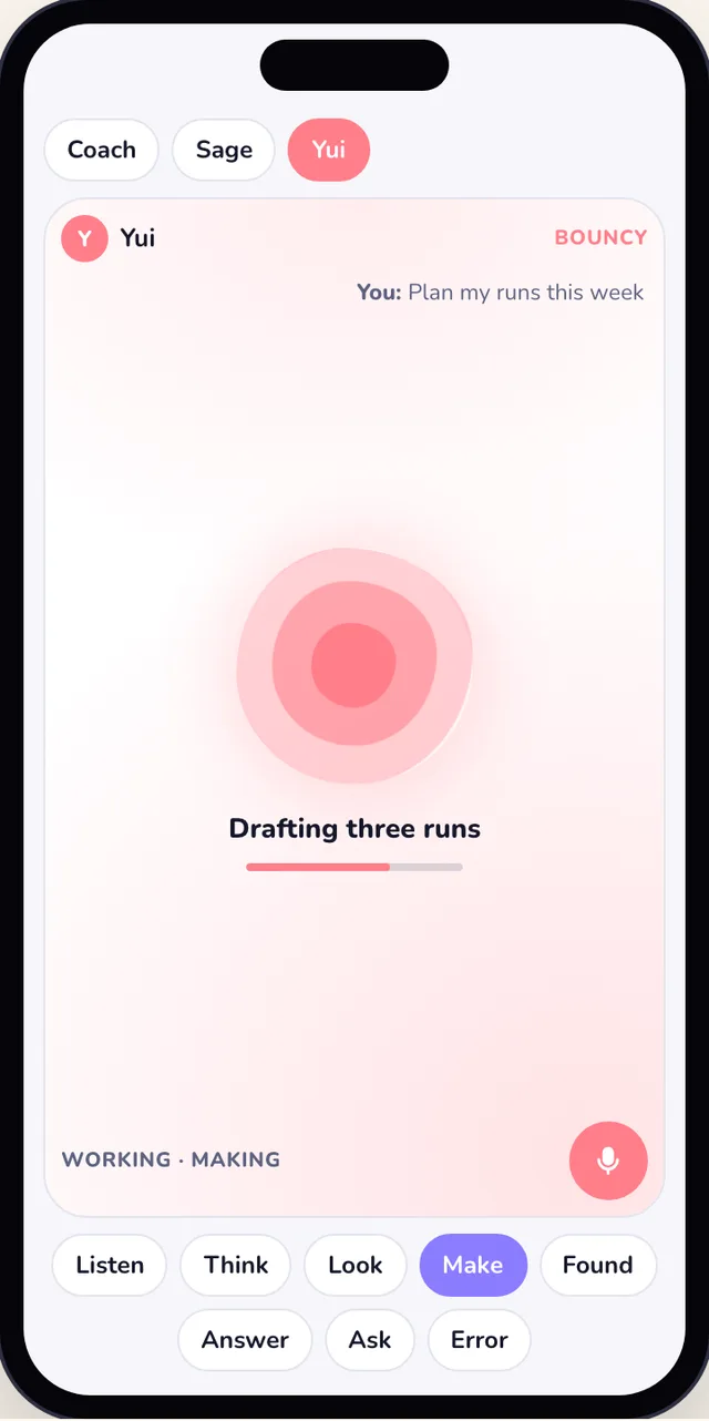 Light mode: Yui's stage on Drafting three runs, the mark's layers stacking up, with mood buttons under it.