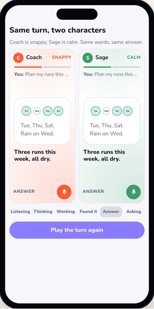 Light mode: both agents showing the same answer, Three runs this week, all dry, with a drawing of Tuesday, Thursday and Saturday filled and Wednesday dashed for rain.