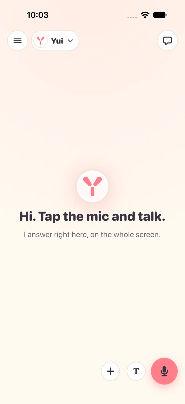 Light mode, in the app: the full screen at rest, and bottom right a plus, a T and a bigger coral mic.