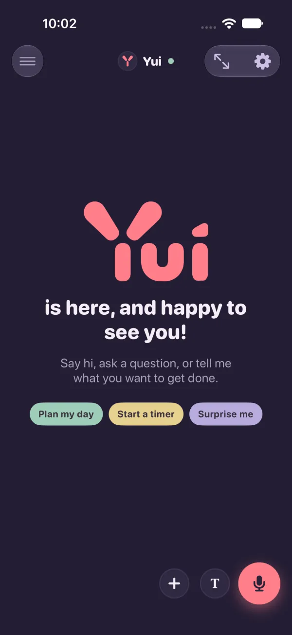 Dark mode: the chat record with the same bar, plus, T and the big mic bottom right.