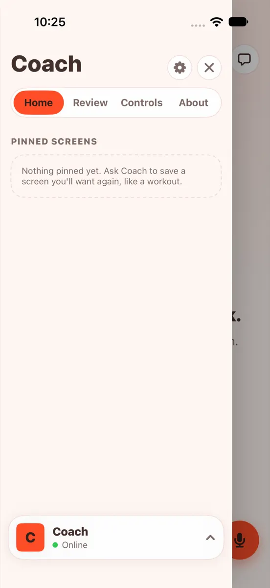 Light mode: the menu open over the full screen, Coach's drawer with Home, Review, Controls and About, and a gear for Settings next to Close.