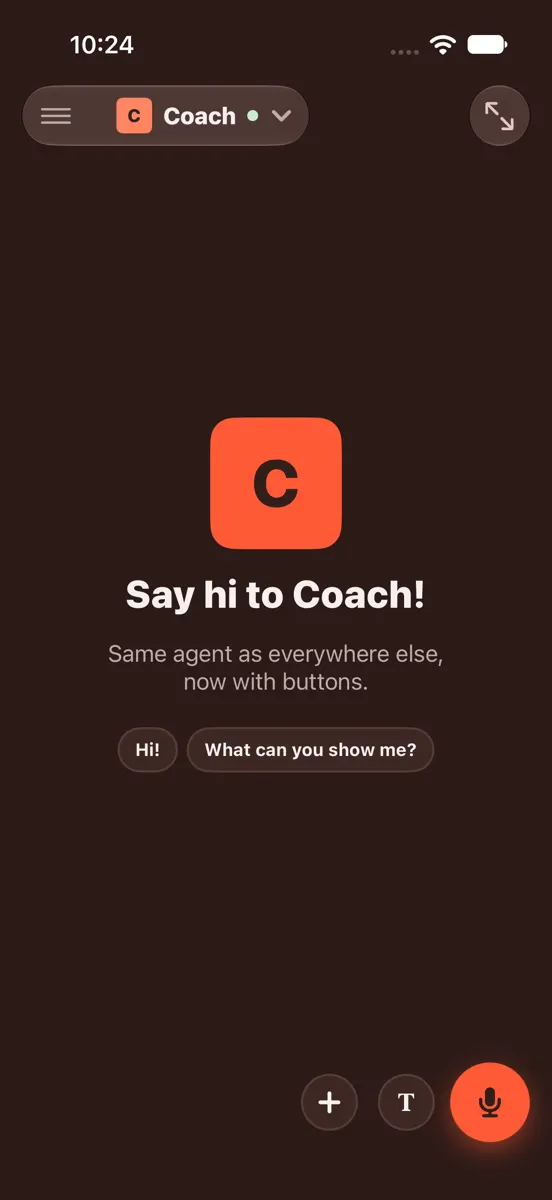 Dark mode: the chat record with the same top bar, menu and Coach top left, the way back to the full screen top right.
