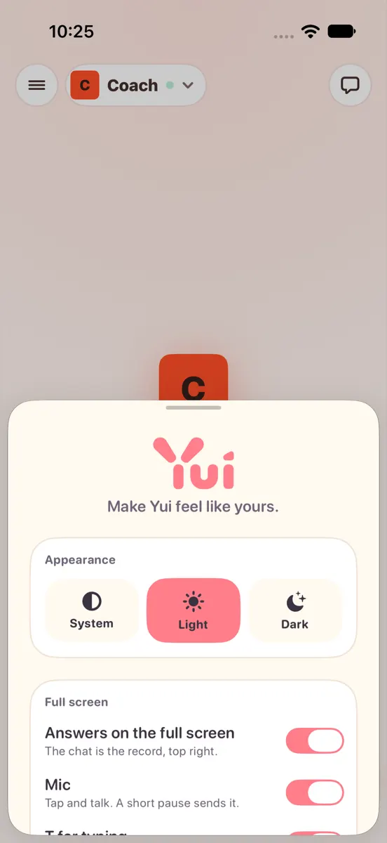 Light mode: Settings up from the drawer's gear, Appearance and the Full screen switches, with Coach in the top bar behind it.