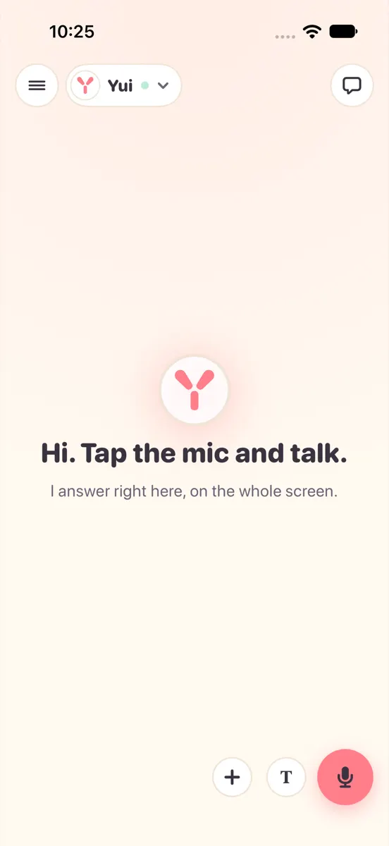 Light mode, in the app: the full screen at rest. Top left a menu button and Yui with a chevron, top right a chat bubble.