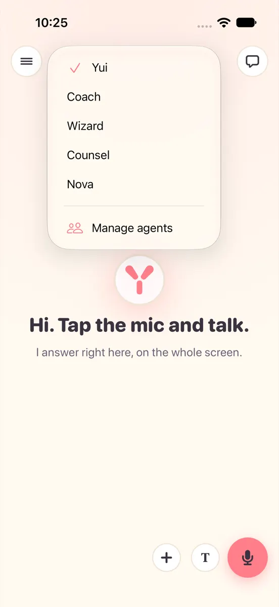 Light mode: the agent picker open under the name, Yui checked, then Coach, Wizard, Counsel, Nova and Manage agents.